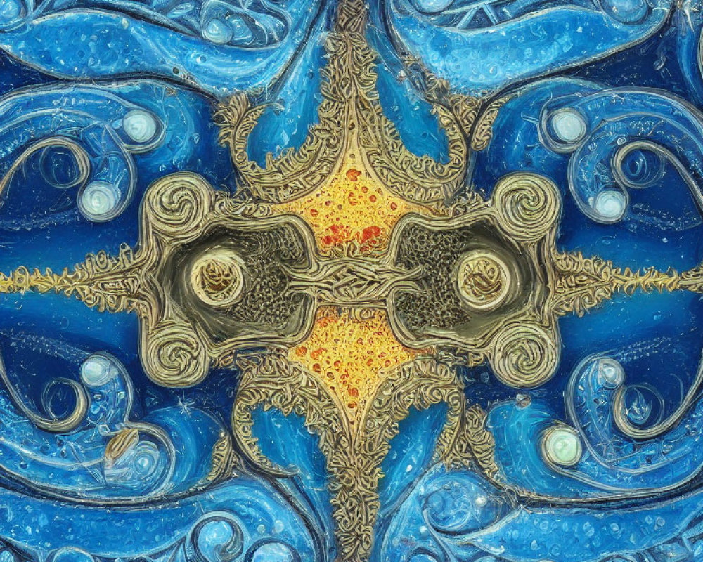 Symmetrical fractal pattern with gold and blue swirls on luminescent backdrop