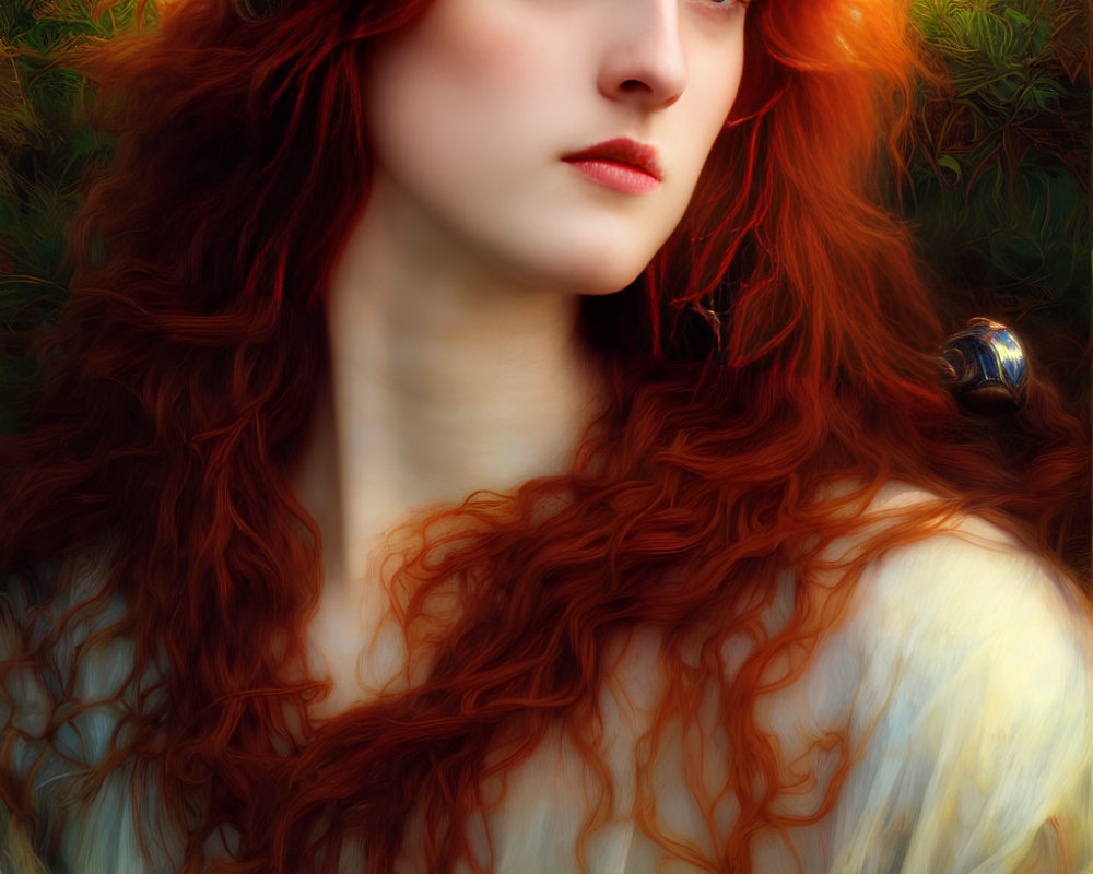 Portrait of woman with voluminous red hair and intricate headwear against nature backdrop