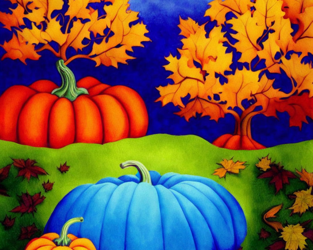 Colorful Fall Scene with Pumpkins, Maple Trees, and Blue Sky