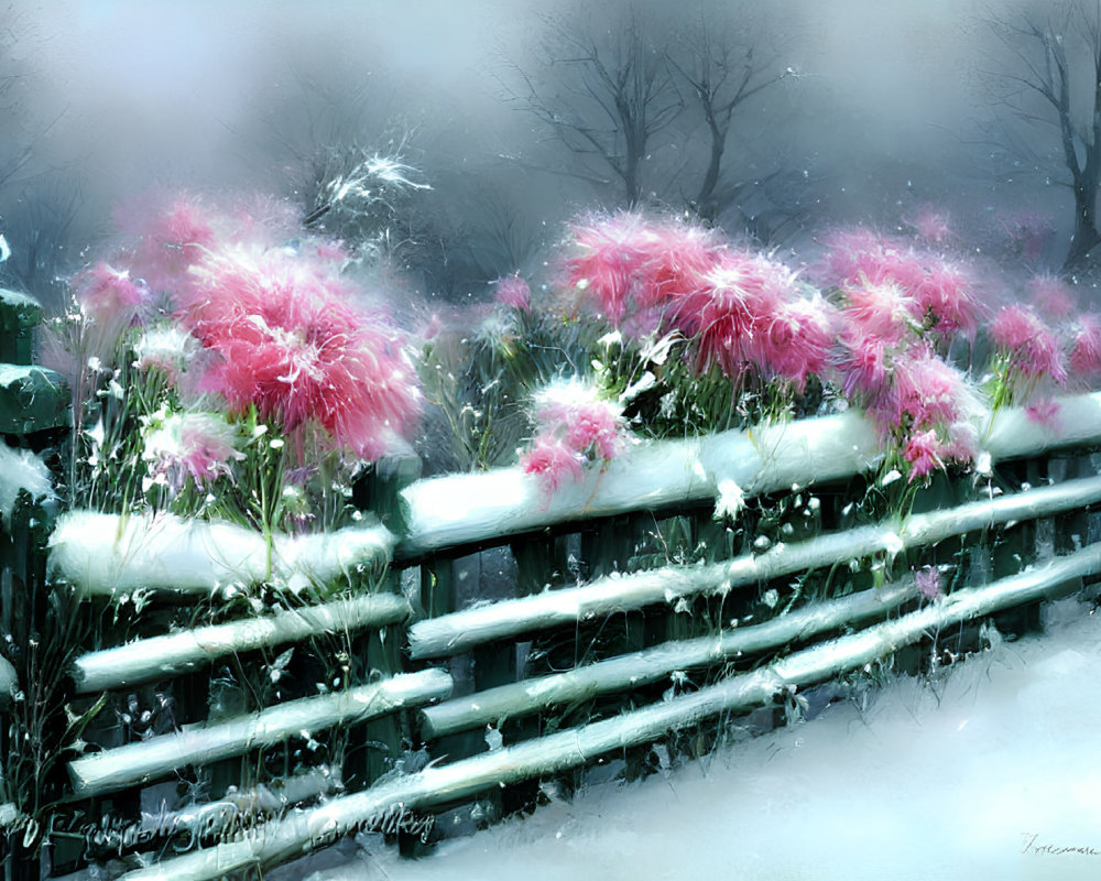 Snowy scene with pink flowers on wooden fence in soft-focus winter setting