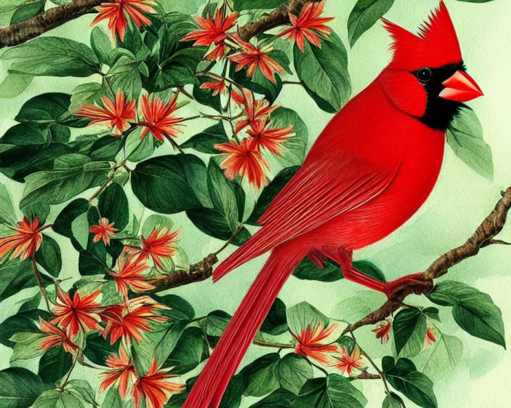 Vibrant red cardinal on branch with green foliage and red flowers