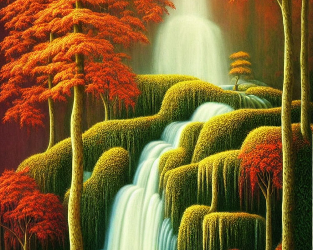 Tranquil forest scene with moss-covered waterfall and red-leafed trees