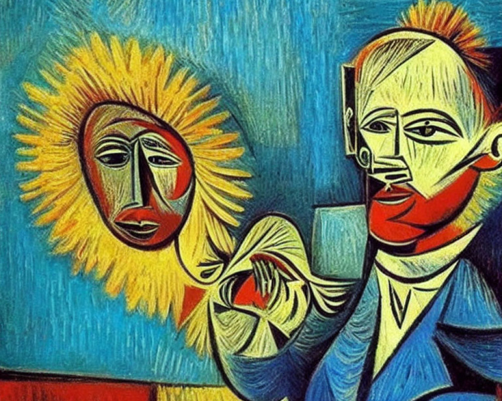 Abstract painting of two figures with bold lines and colors