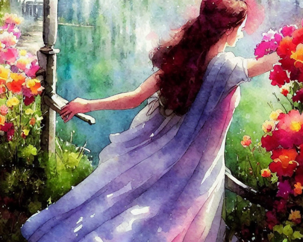 Woman in Lavender Dress Surrounded by Vibrant Flowers Leaning on Fence