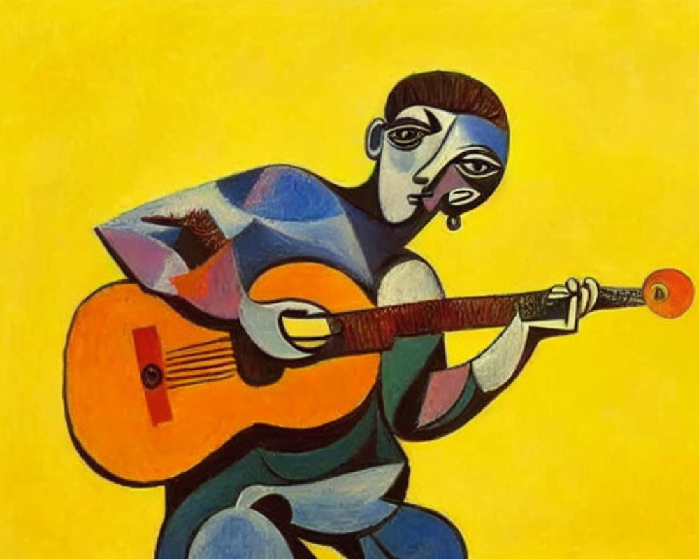 Abstract Cubist Painting of Figure Playing Guitar on Vibrant Yellow Background