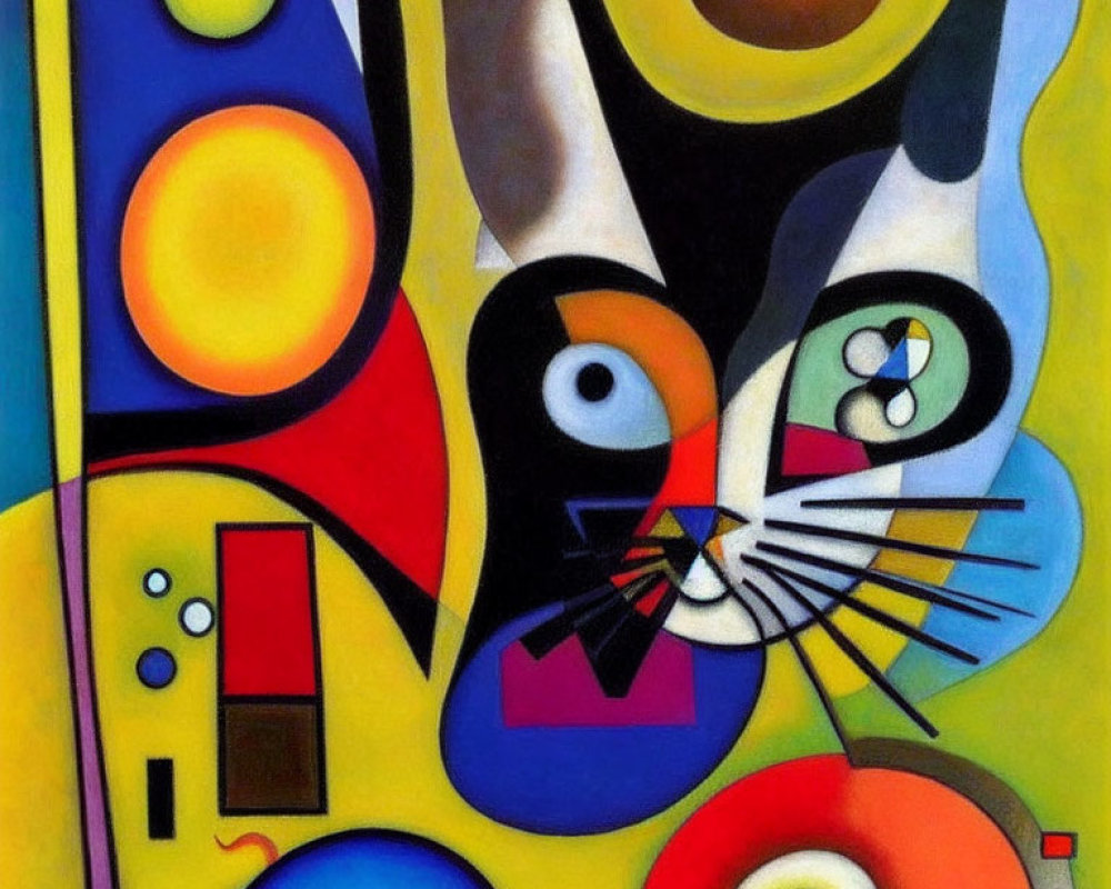 Vibrant Cubist Cat Painting with Geometric Shapes in Blue, Yellow, Red, and Green