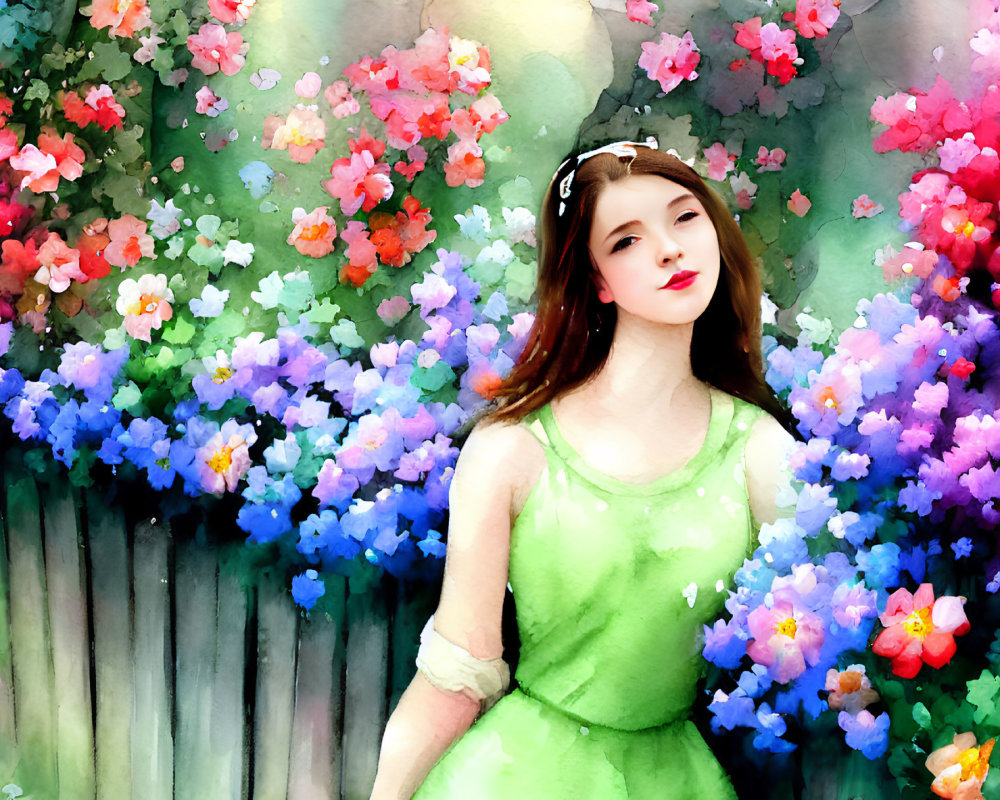 Woman in Green Dress Contemplating in Colorful Flower Garden