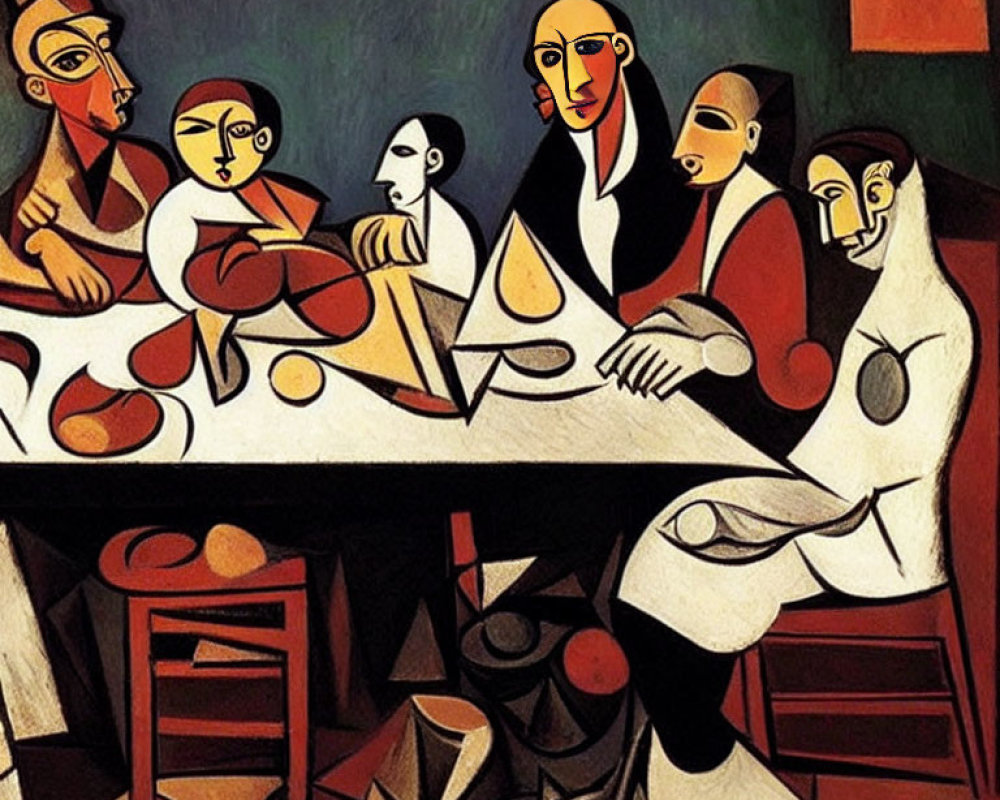 Abstract artwork of stylized figures with exaggerated features around a geometric table