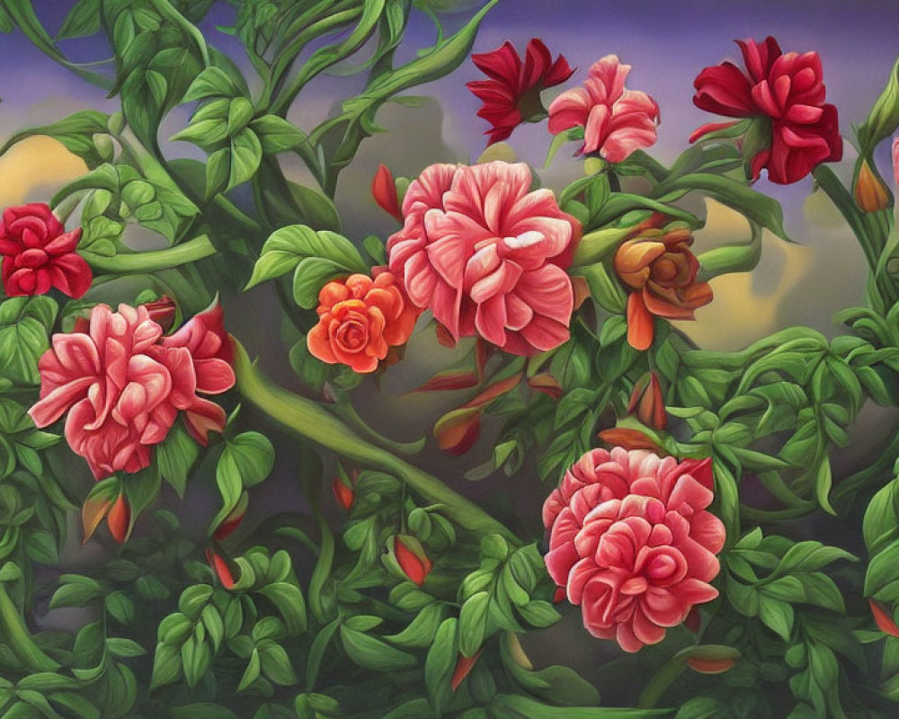 Vivid painting of green foliage, red flowers, purple and yellow background