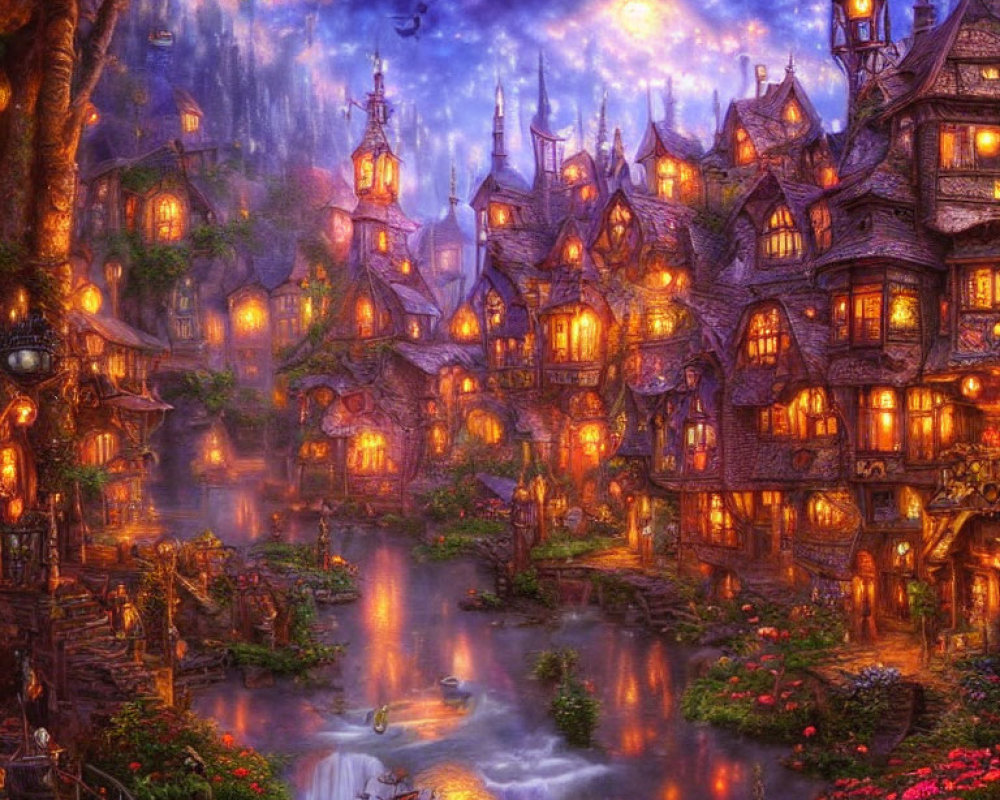 Fantasy village with illuminated houses, moonlit sky, waterfalls, river, boats, lush foliage