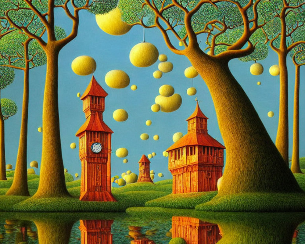 Surreal landscape with clock tower tree trunks and clock-like fruits