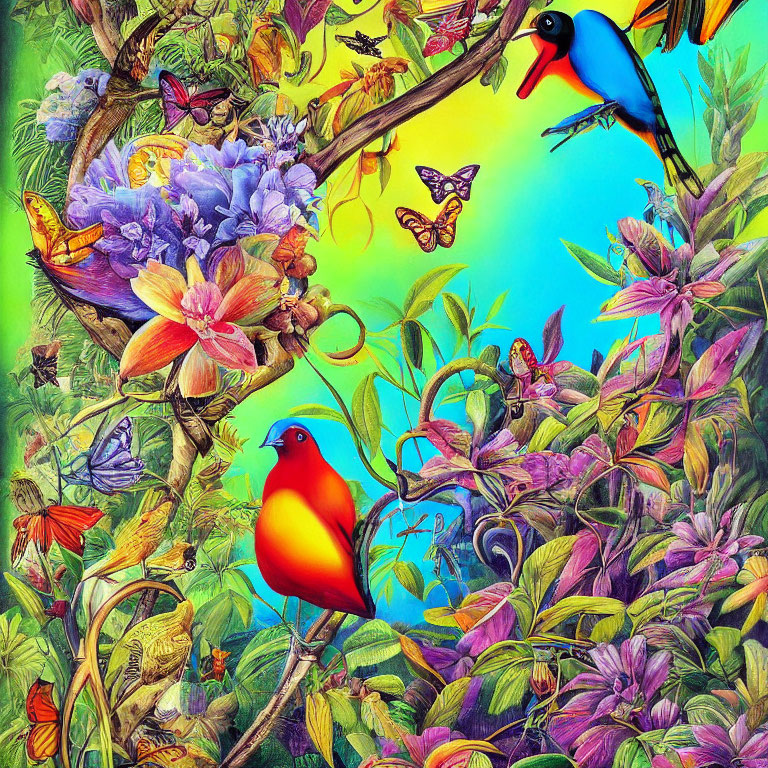 Tropical Scene with Colorful Birds, Butterflies, and Lush Flora