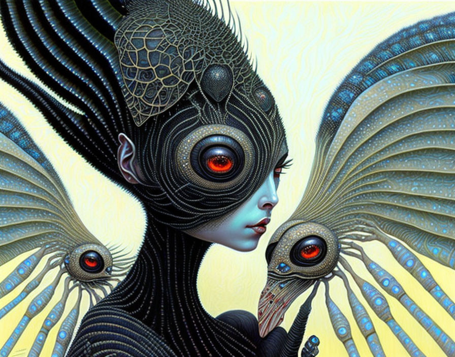 Intricate surreal portrait with peacock feather-like details and captivating red eyes