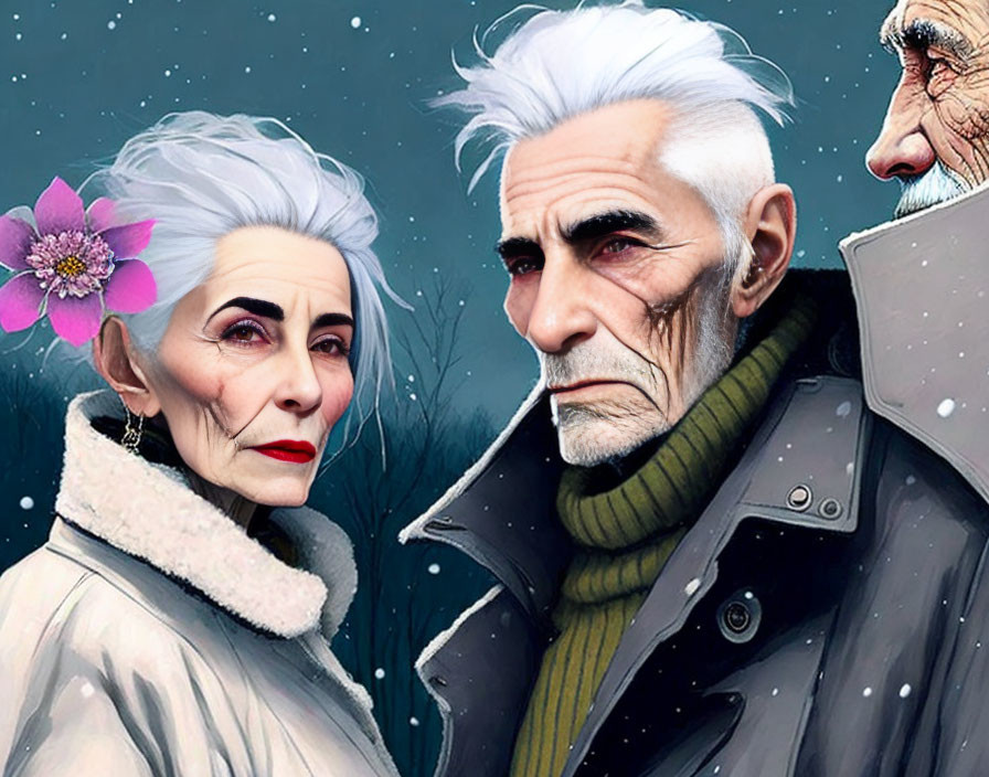 Elderly Couple with White Hair and Winter Clothes in Snowy Setting