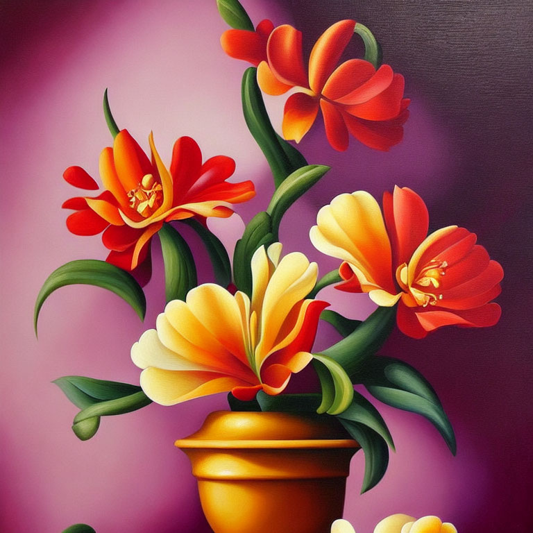 Colorful painting of orange and yellow flowers in terracotta pot on pink backdrop
