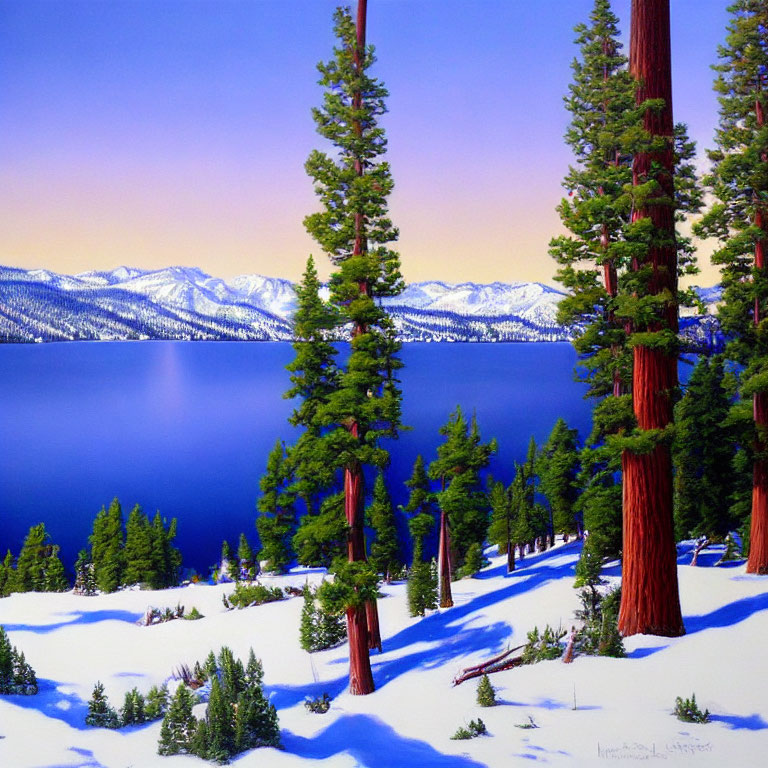 Scenic painting of snowy pine trees, lake, and mountains