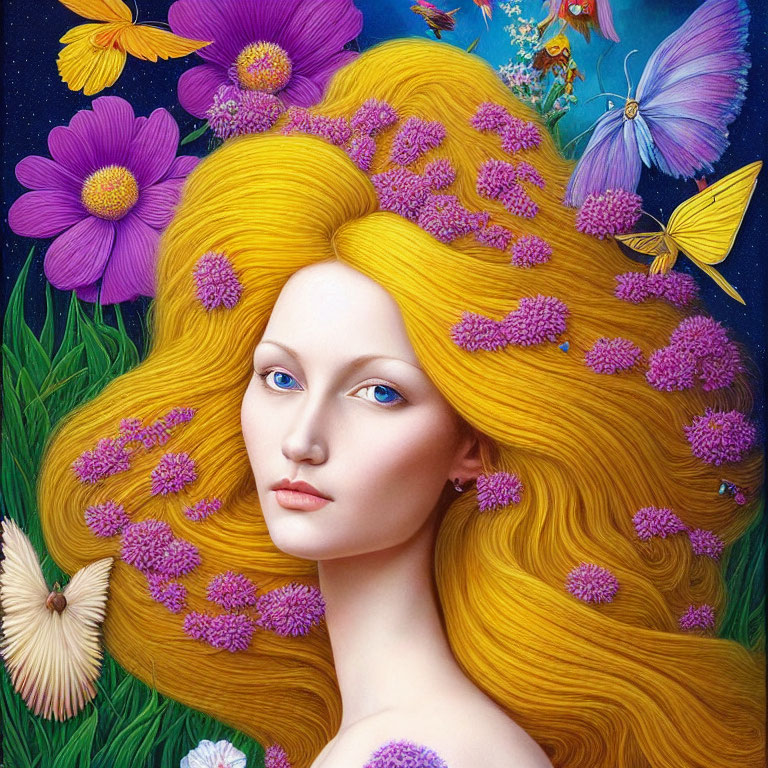 Woman with Golden Hair and Butterflies in Starry Night Scene