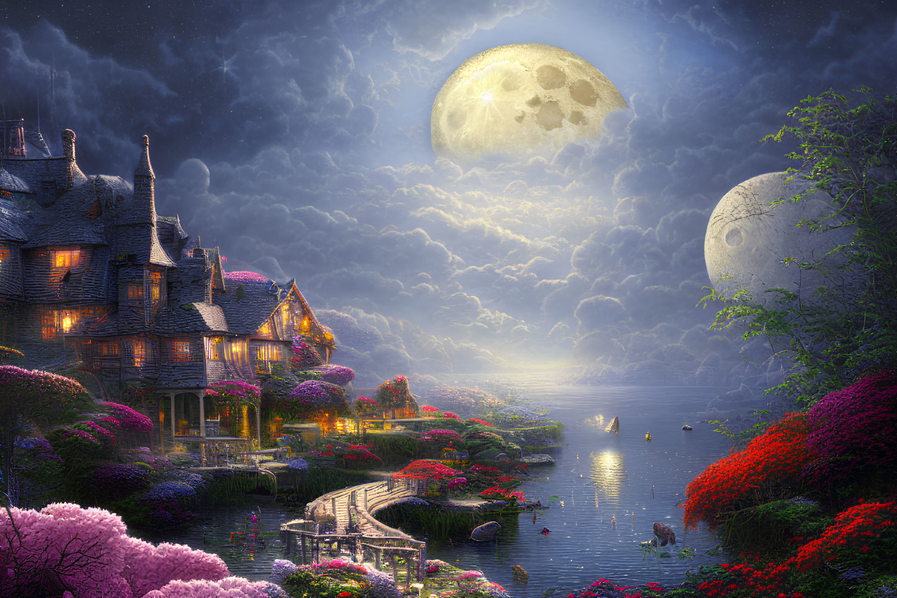 Fantasy landscape with grand house, vibrant flowers, tranquil river, and full moon