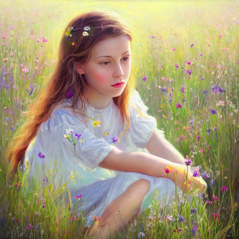 Young girl with flowers in hair sitting in blooming meadow at dusk