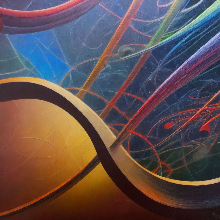 Colorful Abstract Painting with Swirling Lines and Curves