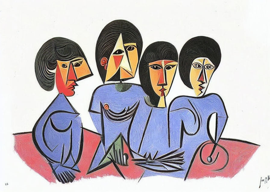 Modernist Style Abstract Illustration of Four Human Figures with Geometric Faces and Bold Lines