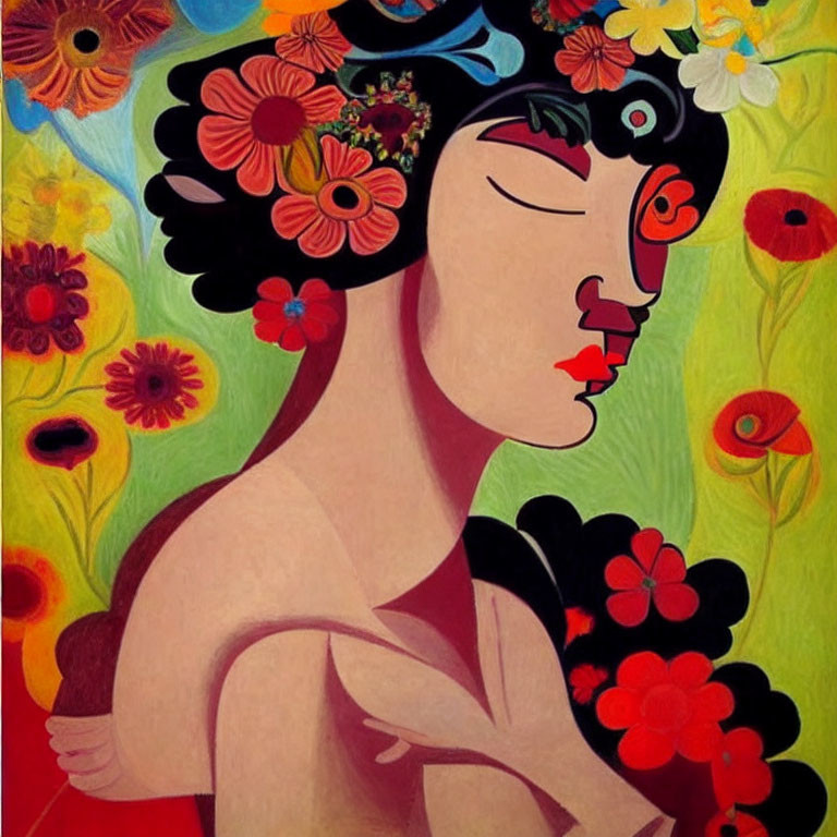 Vibrant painting of stylized female figure with floral headpiece