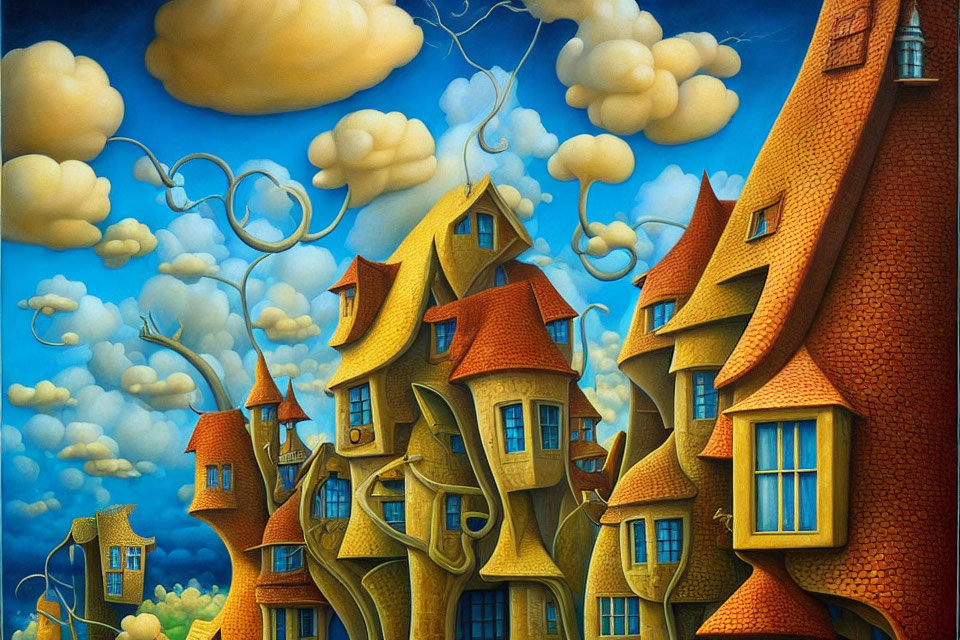 Whimsical Crooked Houses Painting Under Blue Sky