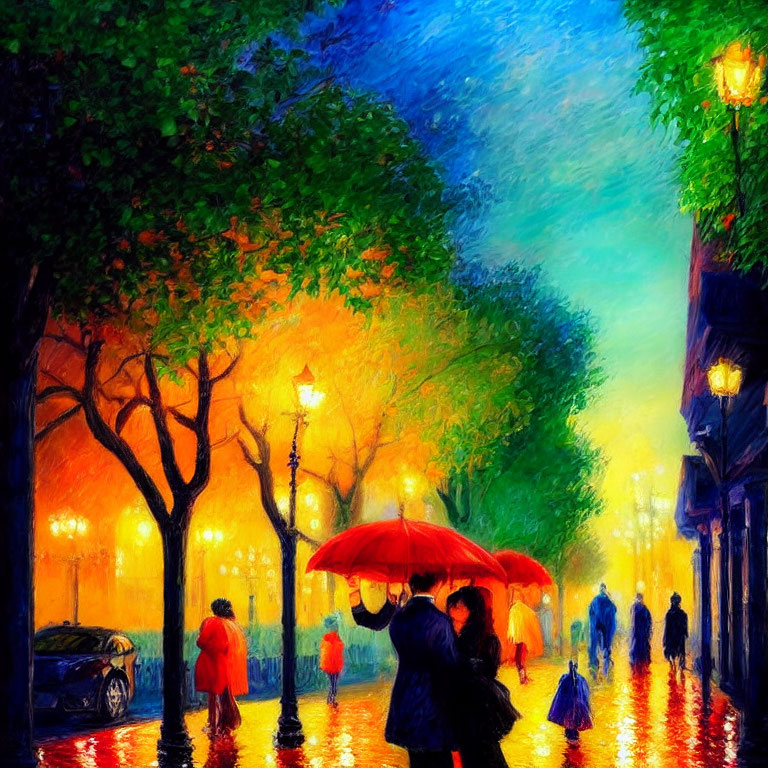 Colorful urban street scene with people walking under red umbrella in rain and warm streetlights against twilight backdrop