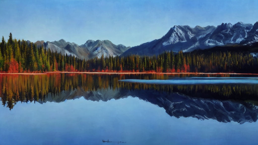 Tranquil forest and mountain scene mirrored on calm lake