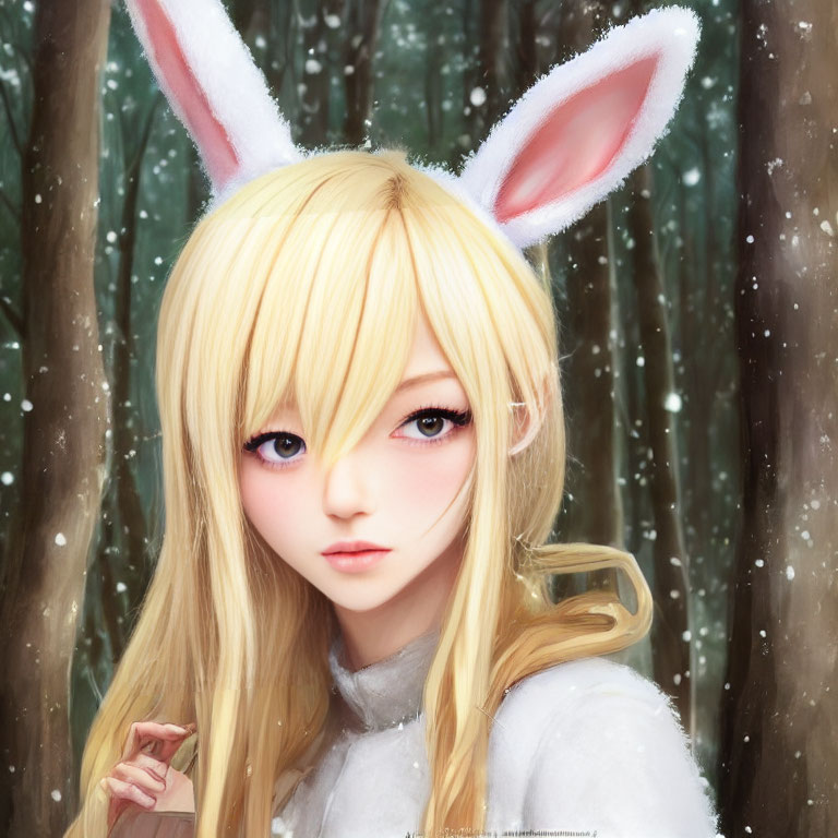 Blond-Haired Character with Bunny Ears in Snowy Forest