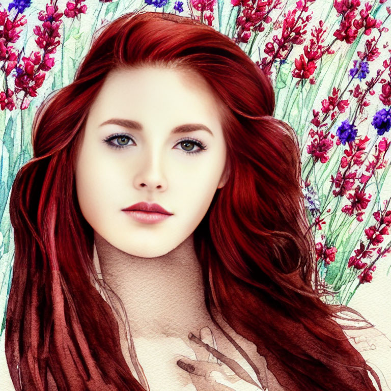 Vibrant digital artwork: woman with red hair and green eyes in floral setting