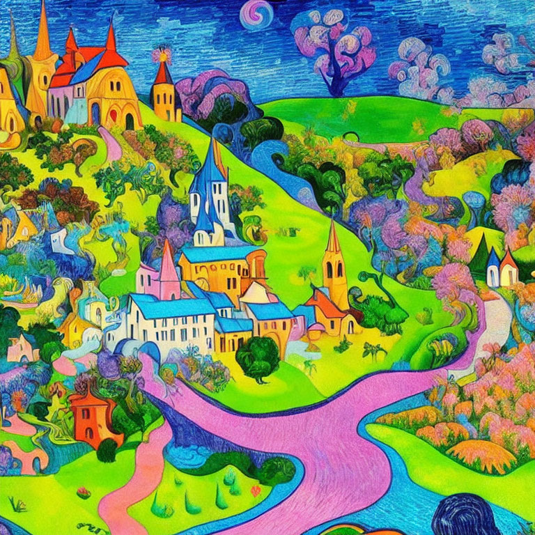 Colorful, whimsical landscape with swirly trees, pink road, and fantasy buildings under blue