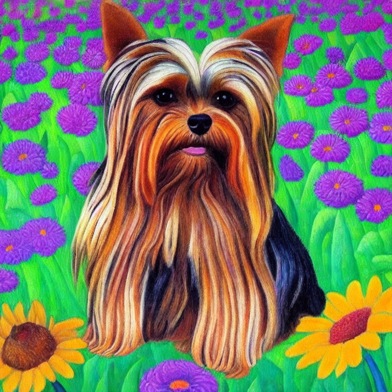 Yorkshire Terrier with long, silky fur against vibrant floral background