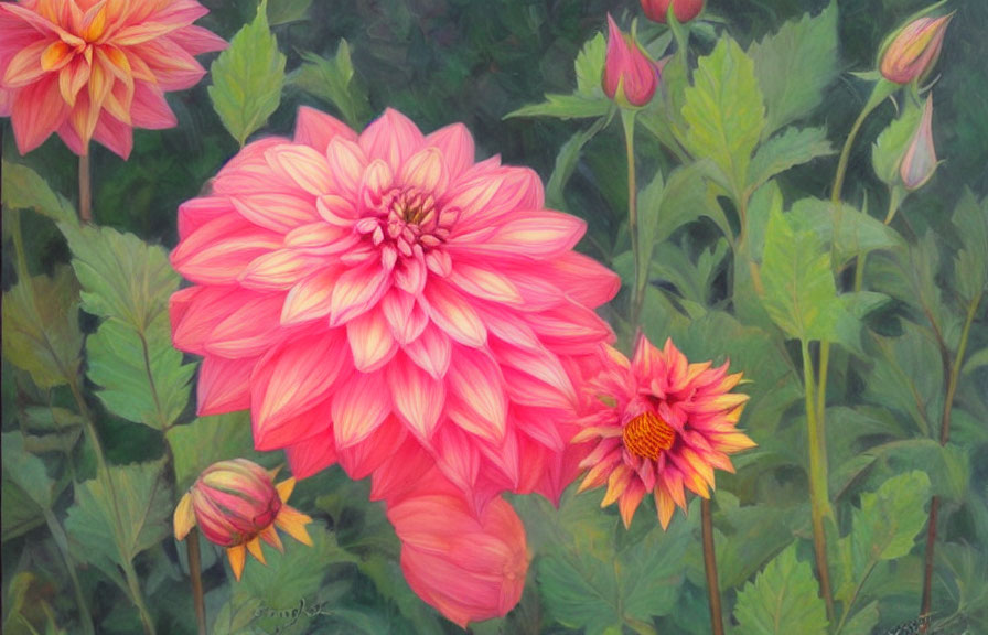 Detailed Pink Dahlia Flowers Painting with Green Foliage