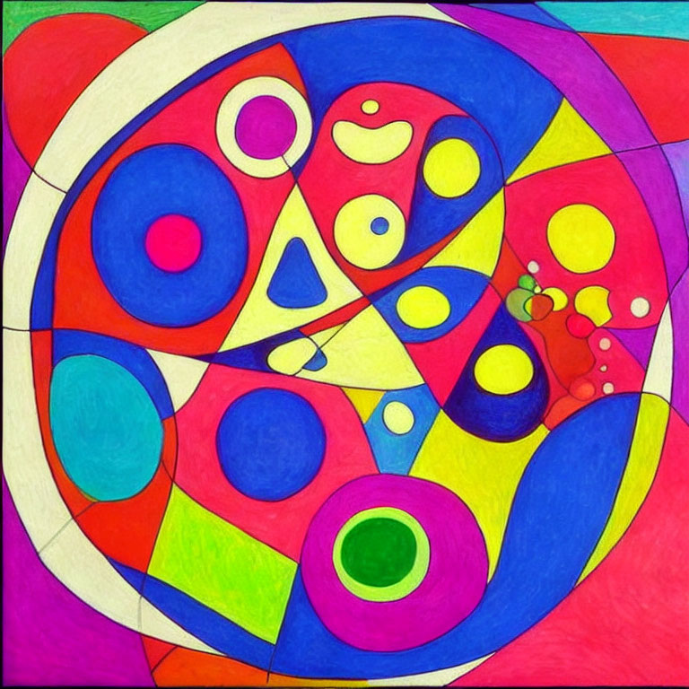Vibrant Abstract Geometric Painting with Circular and Triangular Shapes
