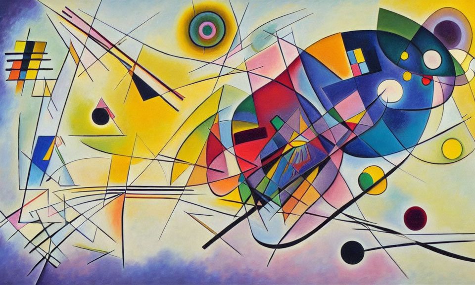 Vibrant Abstract Art: Geometric Shapes, Lines, Blues, Yellows, Reds
