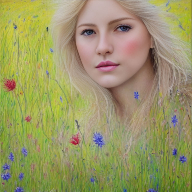 Blonde woman portrait blending into colorful wildflower field