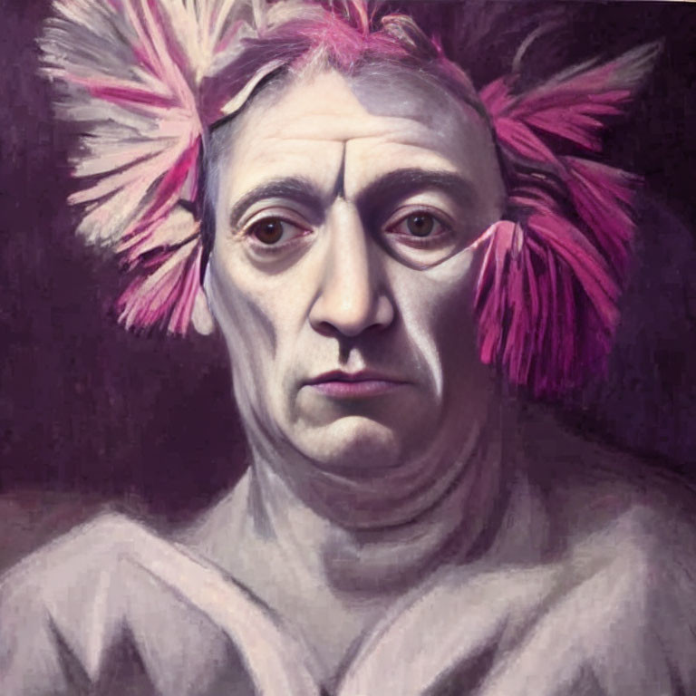 Portrait of a person with solemn expression and pink feather accessories