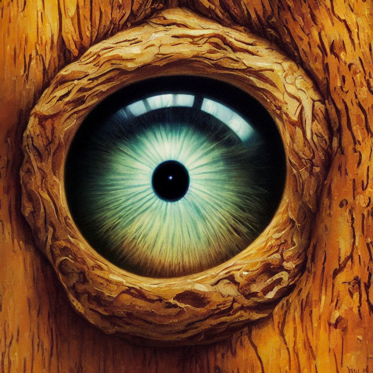 Detailed Hyper-Realistic Painting of Blue Human Eye in Knothole