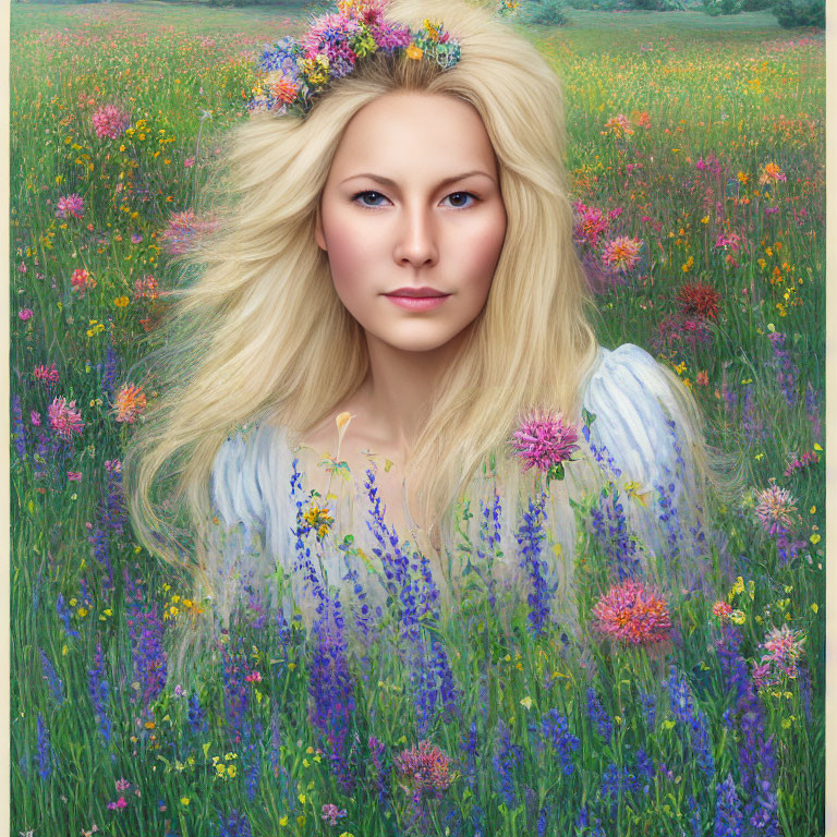 Woman with Blonde Hair and Floral Crown in Vibrant Wildflower Field