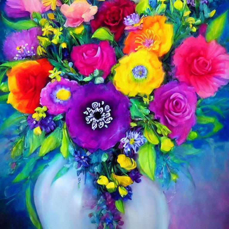 Colorful Flowers in White Vase Against Blue Background
