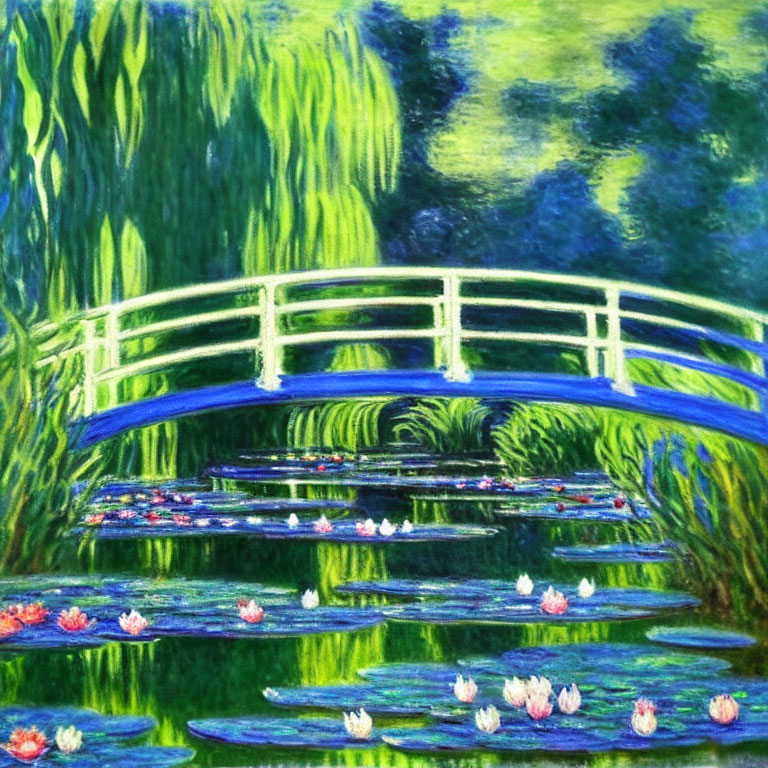 White Arched Bridge Over Pond with Water Lilies and Green Foliage