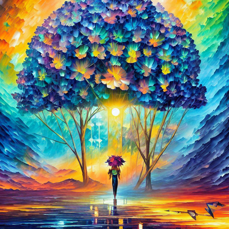 Colorful painting of person with umbrella under flowering tree on reflective surface