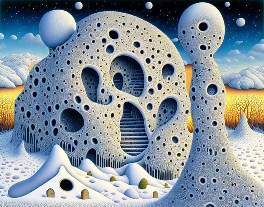 Skull-shaped structure and surreal elements in icy landscape
