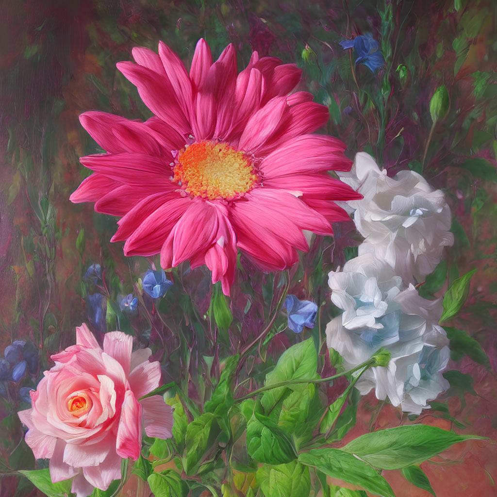 Colorful floral arrangement with pink daisy and rose on painterly background