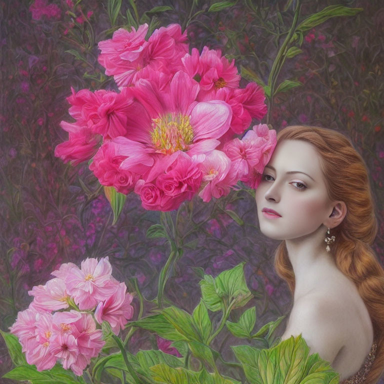 Red-Haired Woman Surrounded by Pink Flowers and Green Foliage