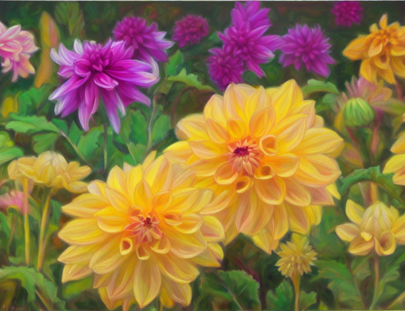 Colorful Painting of Yellow and Purple Dahlias in Impressionistic Style