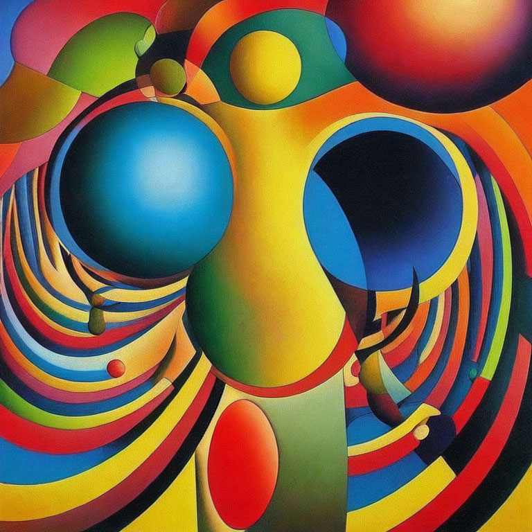 Colorful Abstract Painting with Spherical Shapes and Swirling Lines