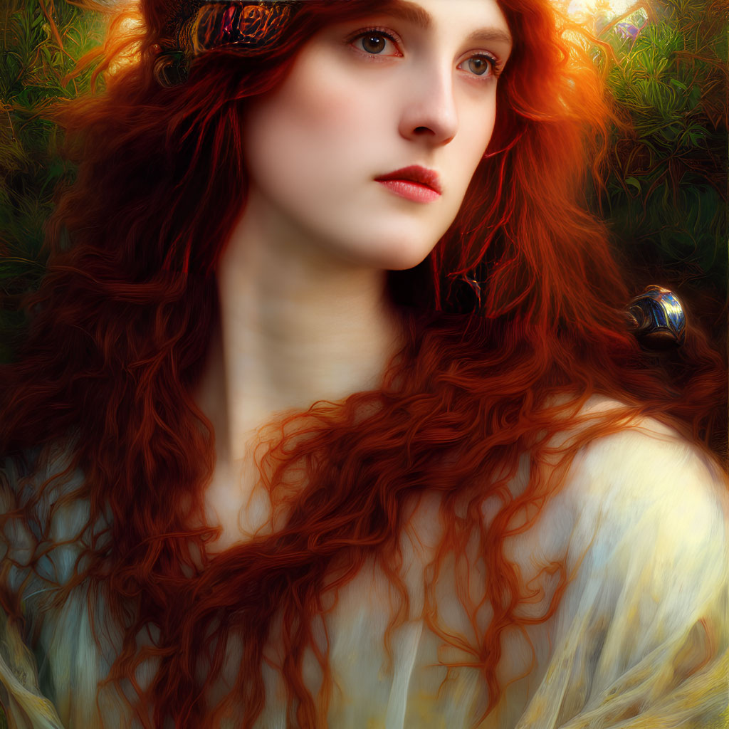 Portrait of woman with voluminous red hair and intricate headwear against nature backdrop