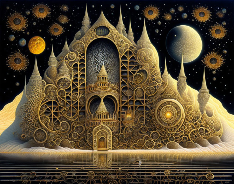 Golden fantasy castle with intricate towers under starry sky and celestial bodies.